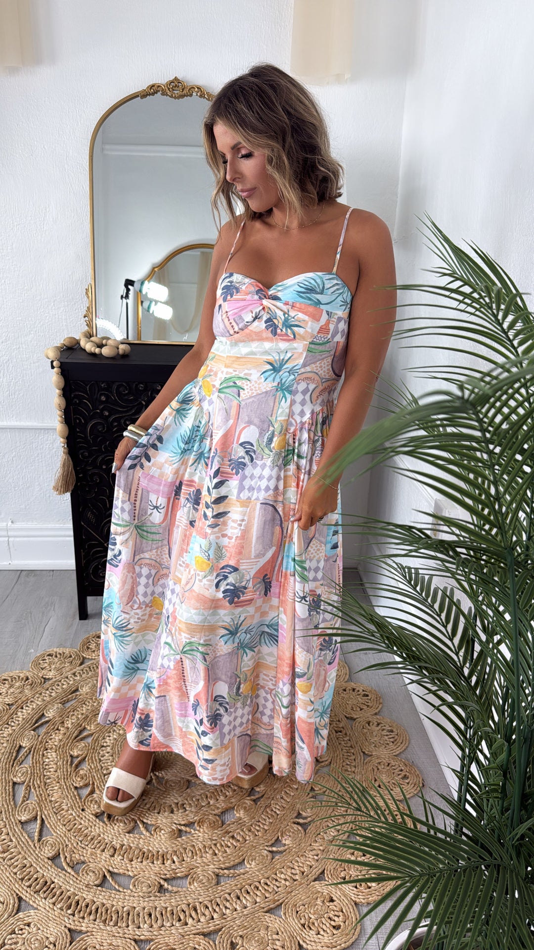 bohemian pink midi dress Sunset Palm Coral Print Midi Dress | Trendy Women's Dresses