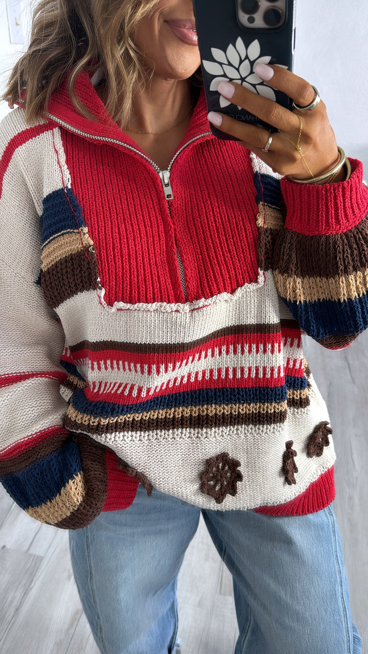 The Cabin Half Zip, Sand/Red Multi