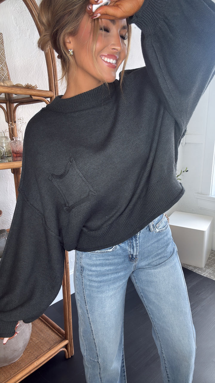 Elevated Basic Balloon Sleeve Sweater, Grey/Black