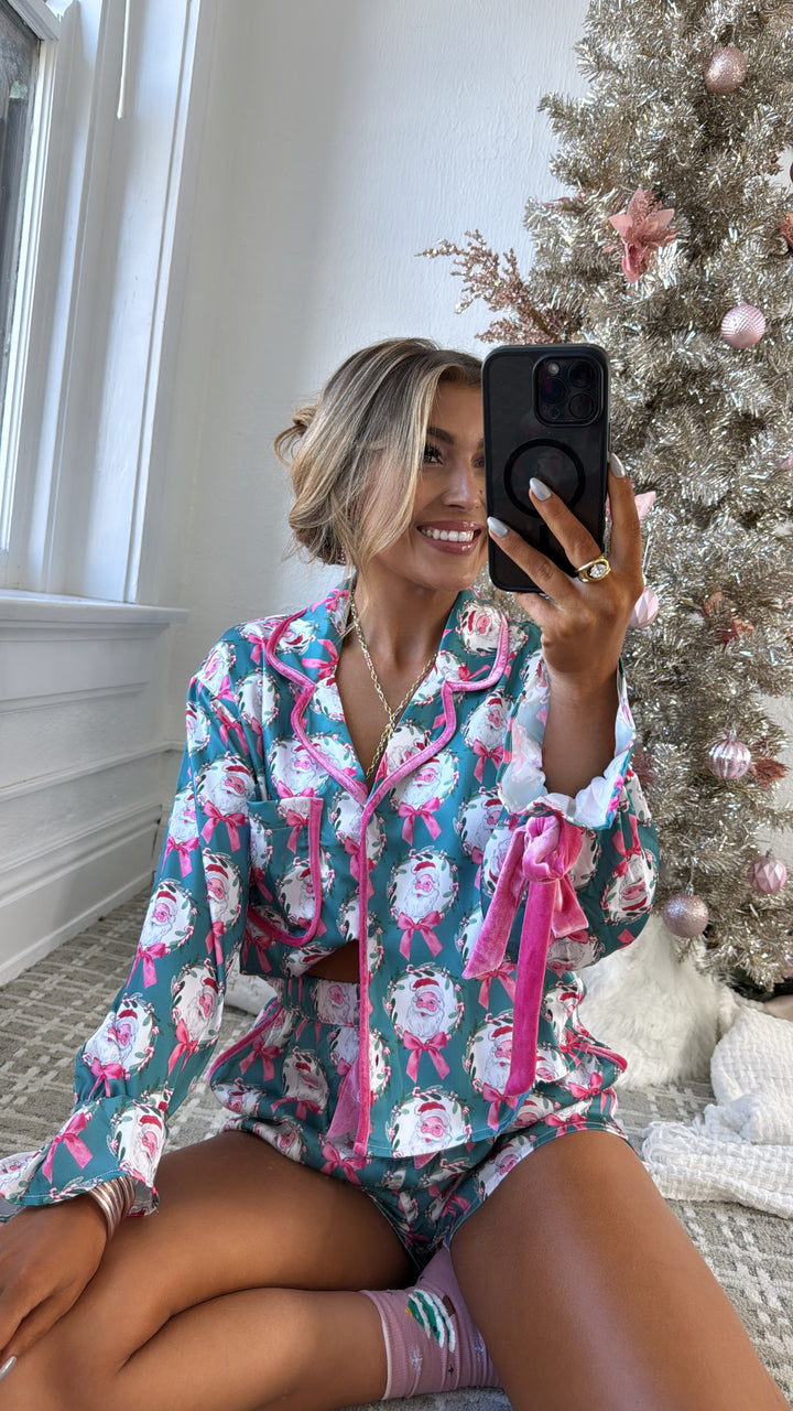 Season Greetings Silk Santa Bow Pajama Set, Teal