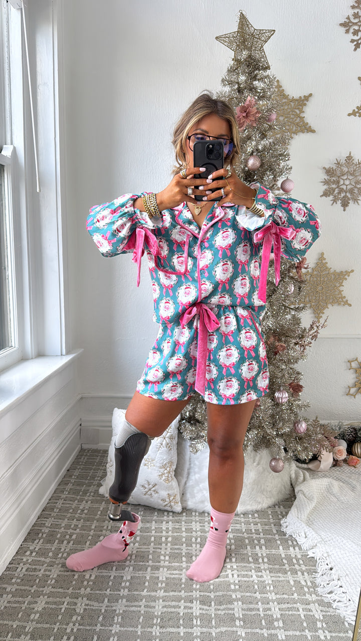 Season Greetings Silk Santa Bow Pajama Set, Teal