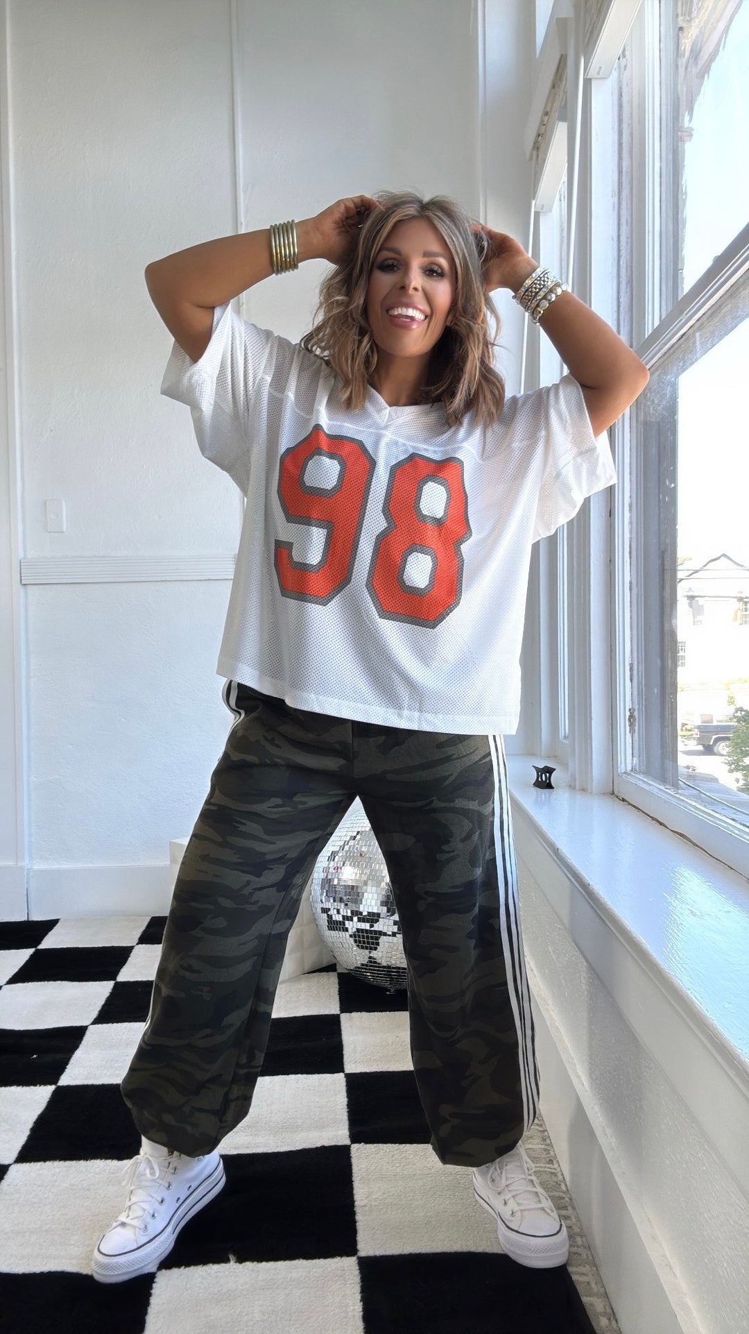 Bleacher Babe Jersey Top, White/ Orange