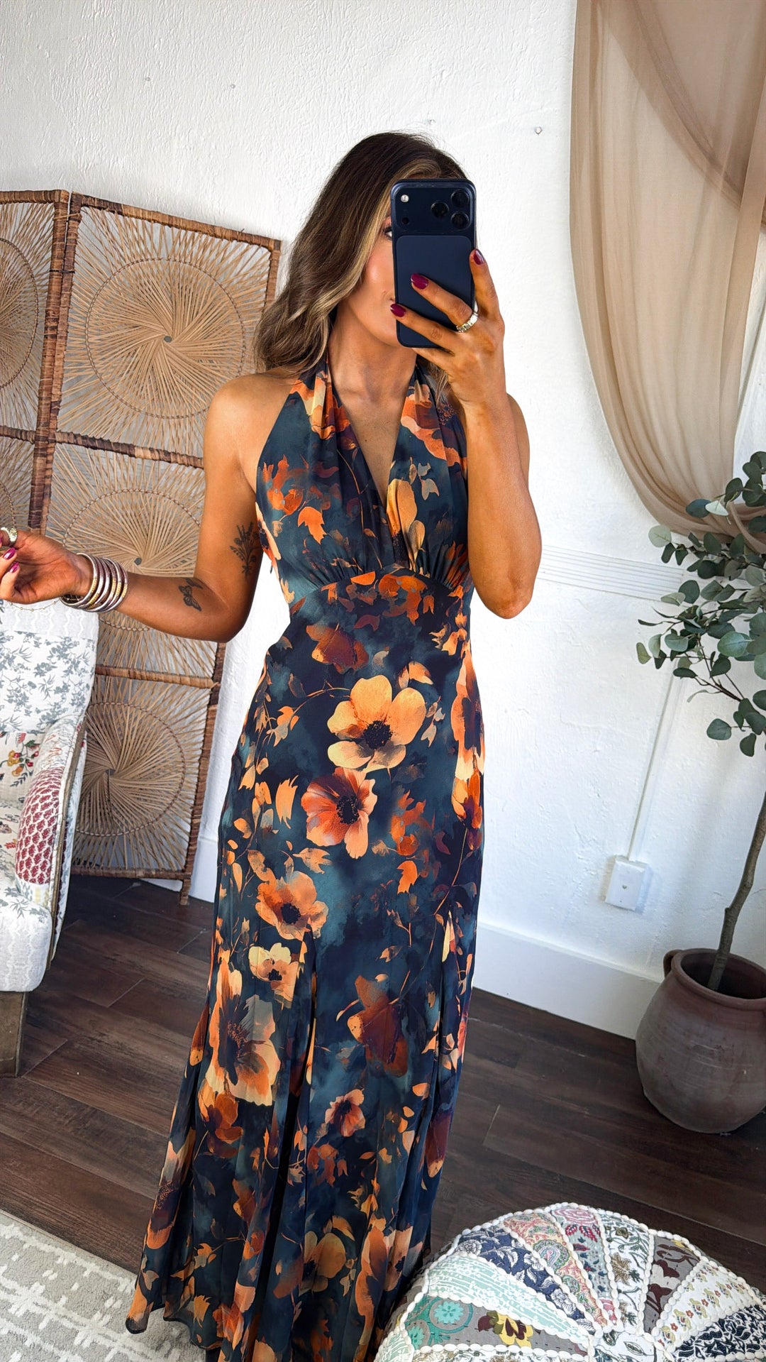 Moody Floral Nights Maxi Dress, Midnight Teal