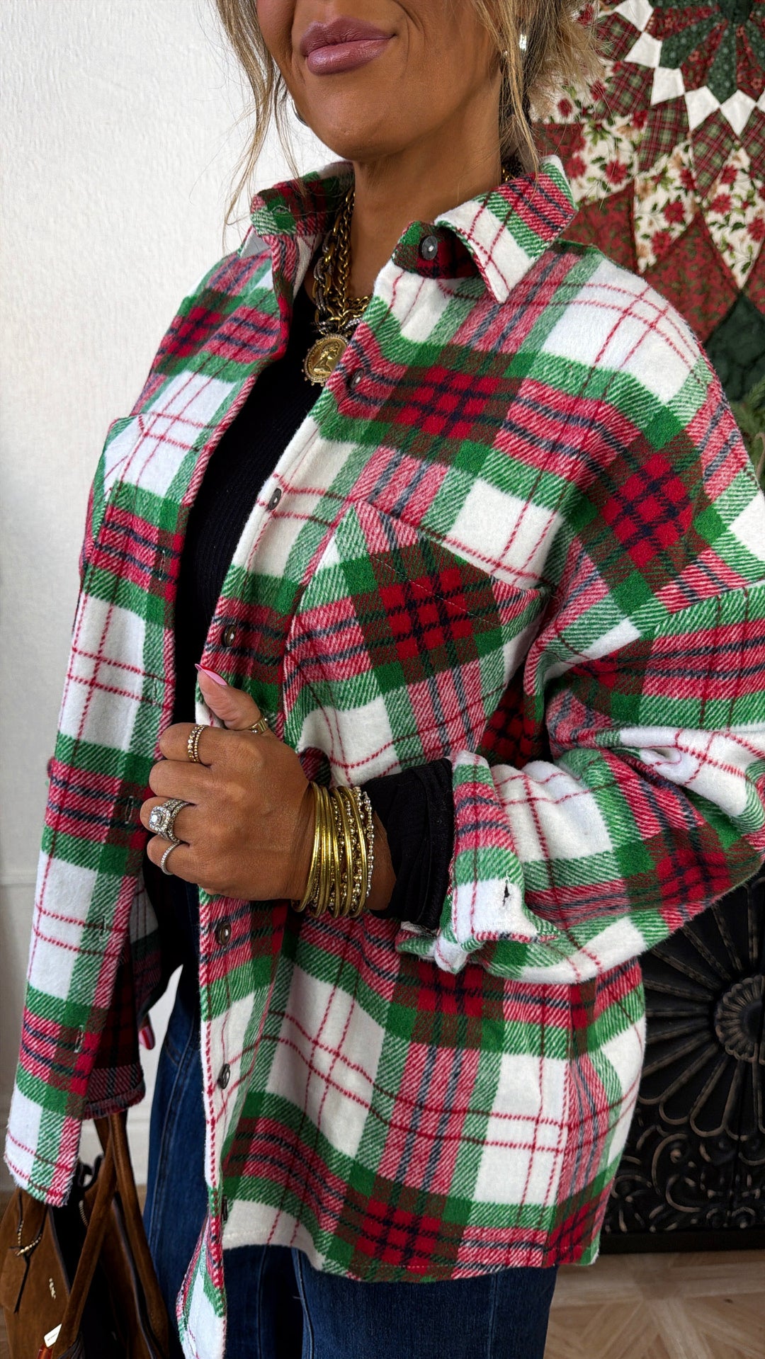All Season Long Sleeve Plaid Button Down Top, Red/Green
