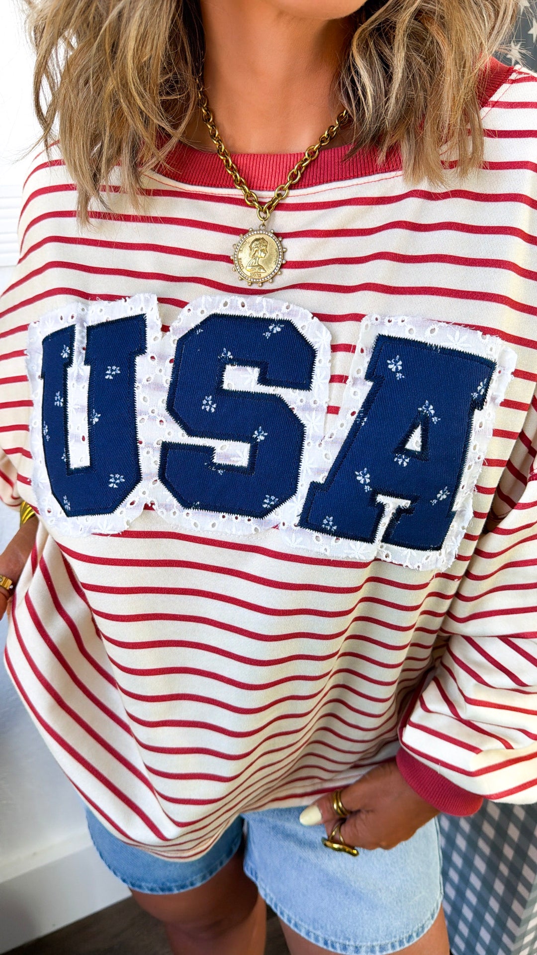 Striped USA Sweatshirt, Red/Cream
