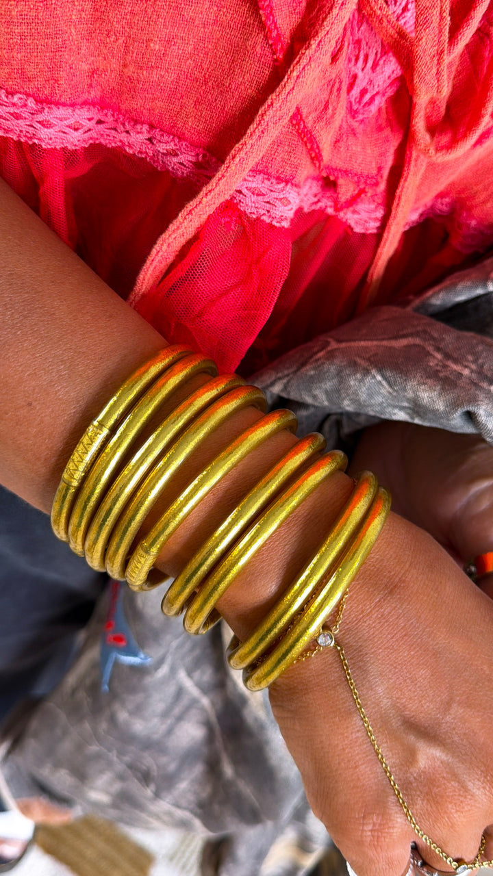 BuDhaGirl: Gold All Weather Bangle (Set of 9)- Serenity Prayer