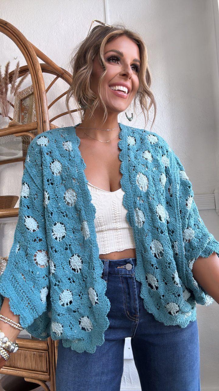 Harvest Drape Cardigan, Teal Blue/ Cream