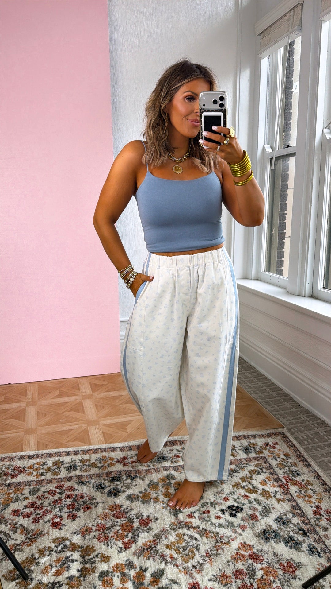 Ditsy Floral Printed Twill Barrels, LT. Blue