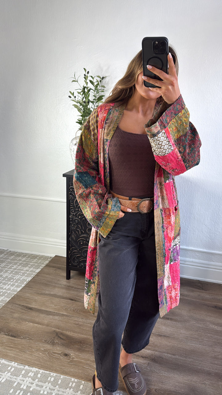 Laguna Mist Patchwork Duster Cardigan, Taupe/Pink/Multi