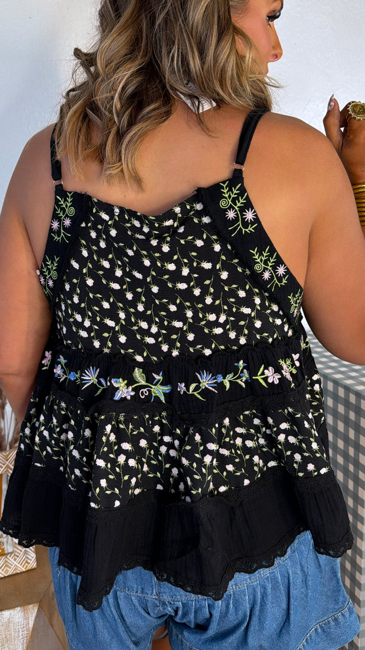 Charlotte Floral Tank, Black