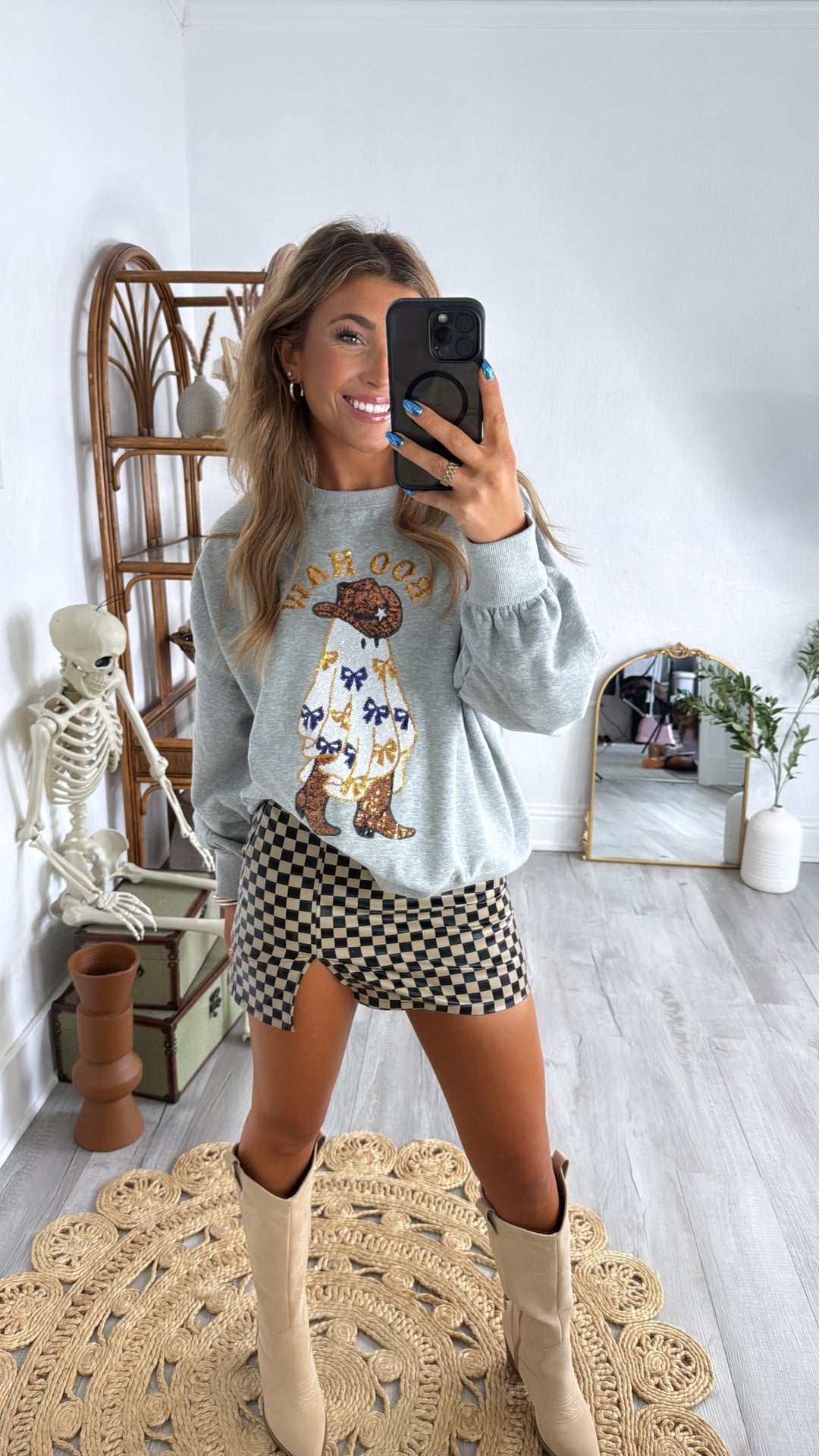 Spooky Season Boohaw Sequin Sweatshirt, Grey