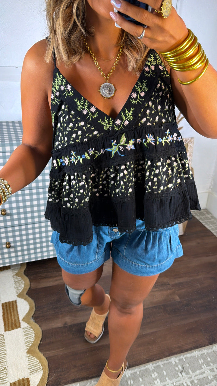 Charlotte Floral Tank, Black