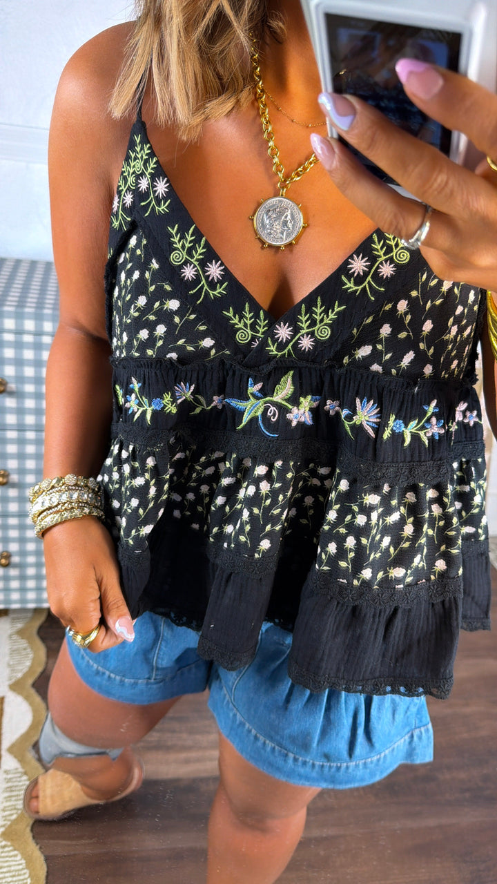 Charlotte Floral Tank, Black