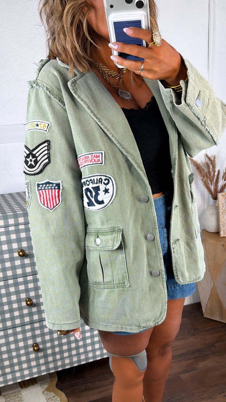 Vintage Patched Military Blazer, Powder Matcha