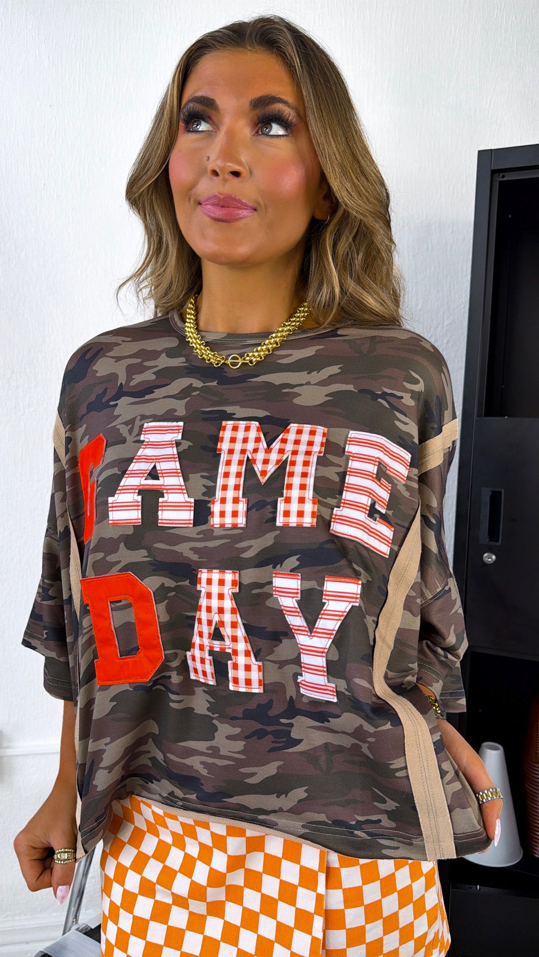 Game Day Washed Camo Loose Fit Sweatshirt Top, Camo/Orange