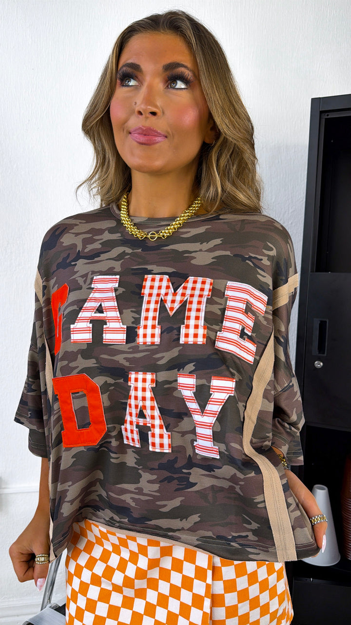 Game Day Washed Camo Loose Fit Sweatshirt Top, Camo/Orange