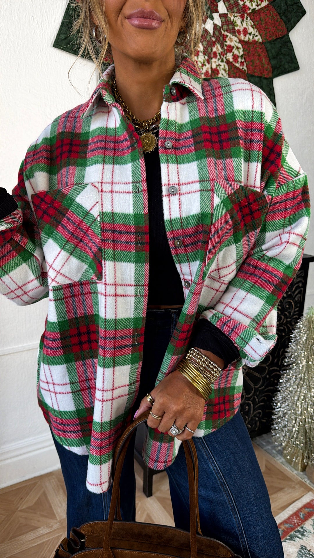 All Season Long Sleeve Plaid Button Down Top, Red/Green