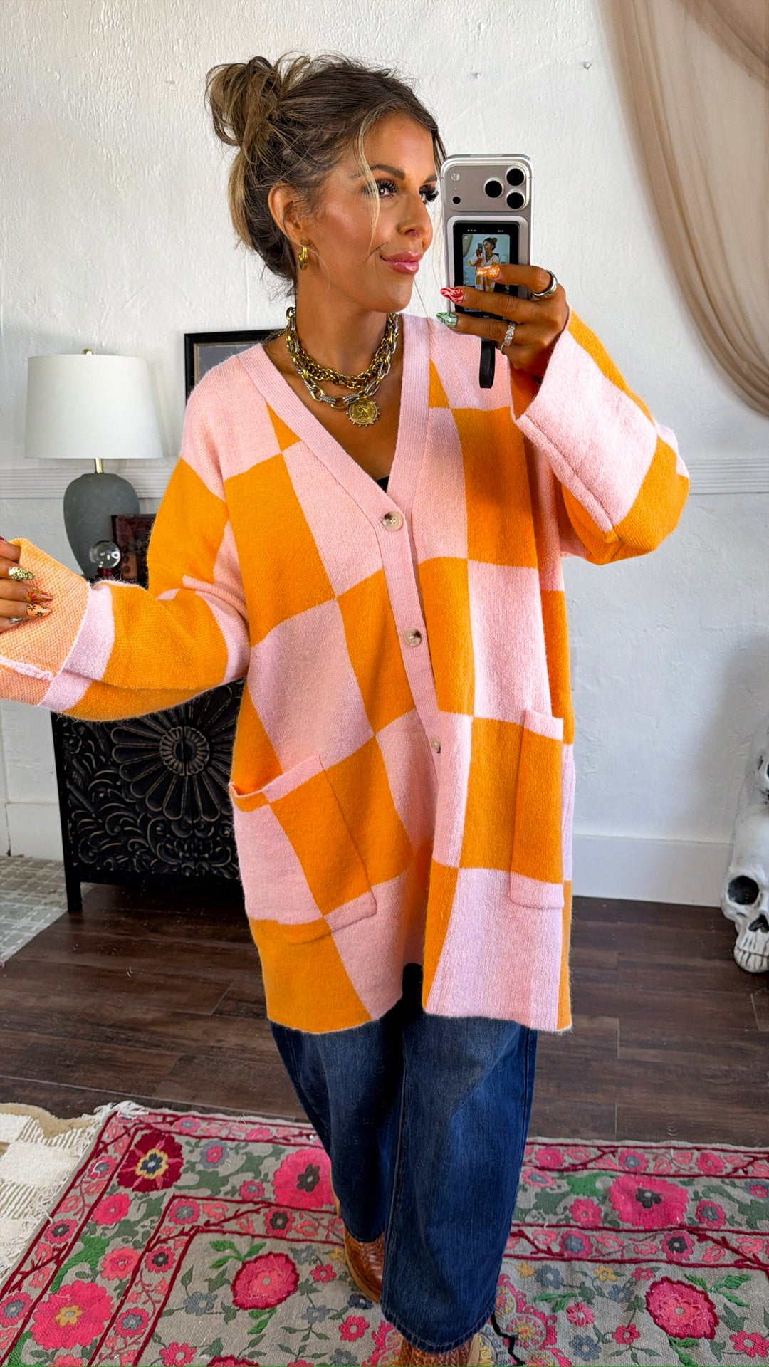Square Checkered Long Cardigan, Pink/Orange