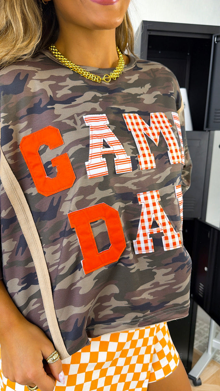 Game Day Washed Camo Loose Fit Sweatshirt Top, Camo/Orange