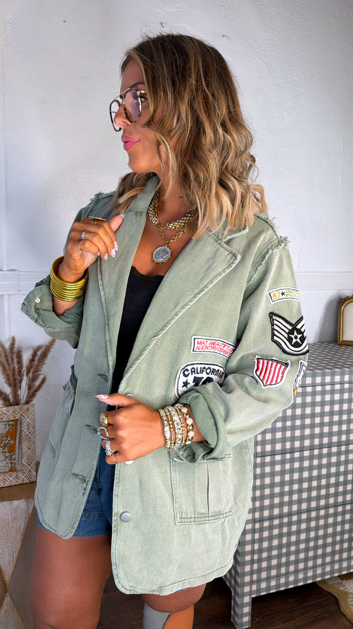 Vintage Patched Military Blazer, Powder Matcha