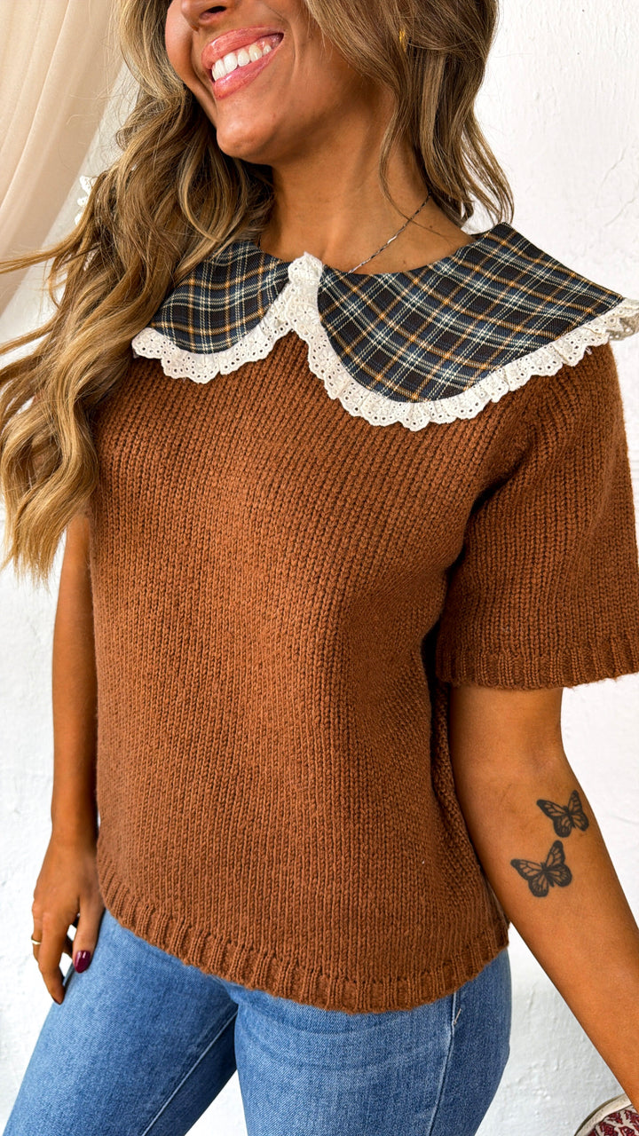 Twila Plaid Collar Top, Rust/Blue Plaid