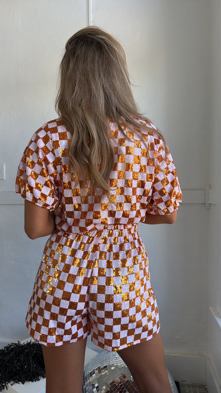 Orange & White Gameday Checkered Sequin Set