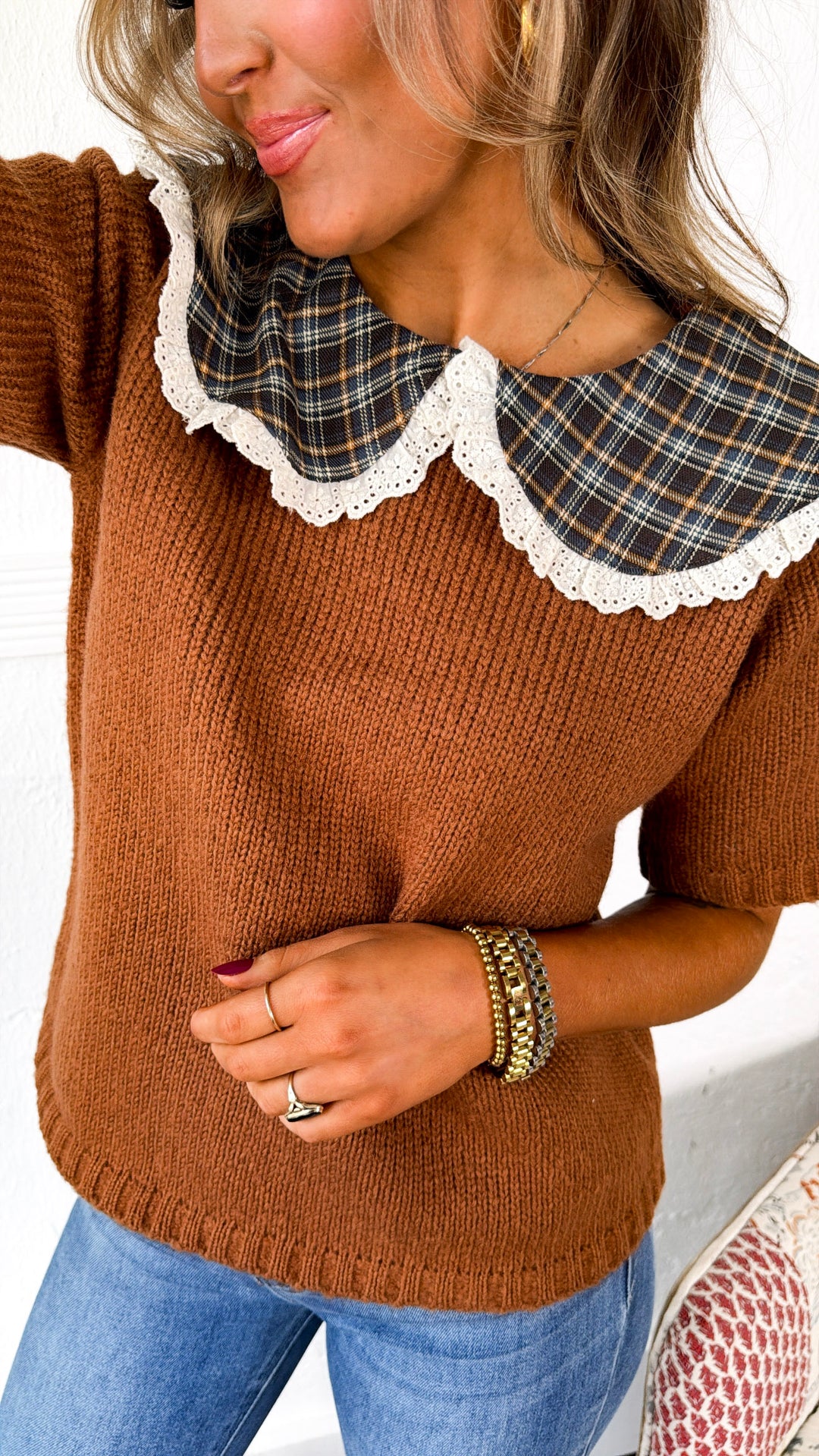 Twila Plaid Collar Top, Rust/Blue Plaid