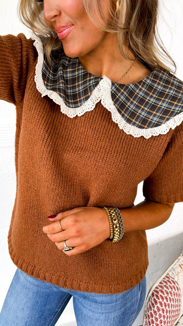 Twila Plaid Collar Top, Rust/Blue Plaid