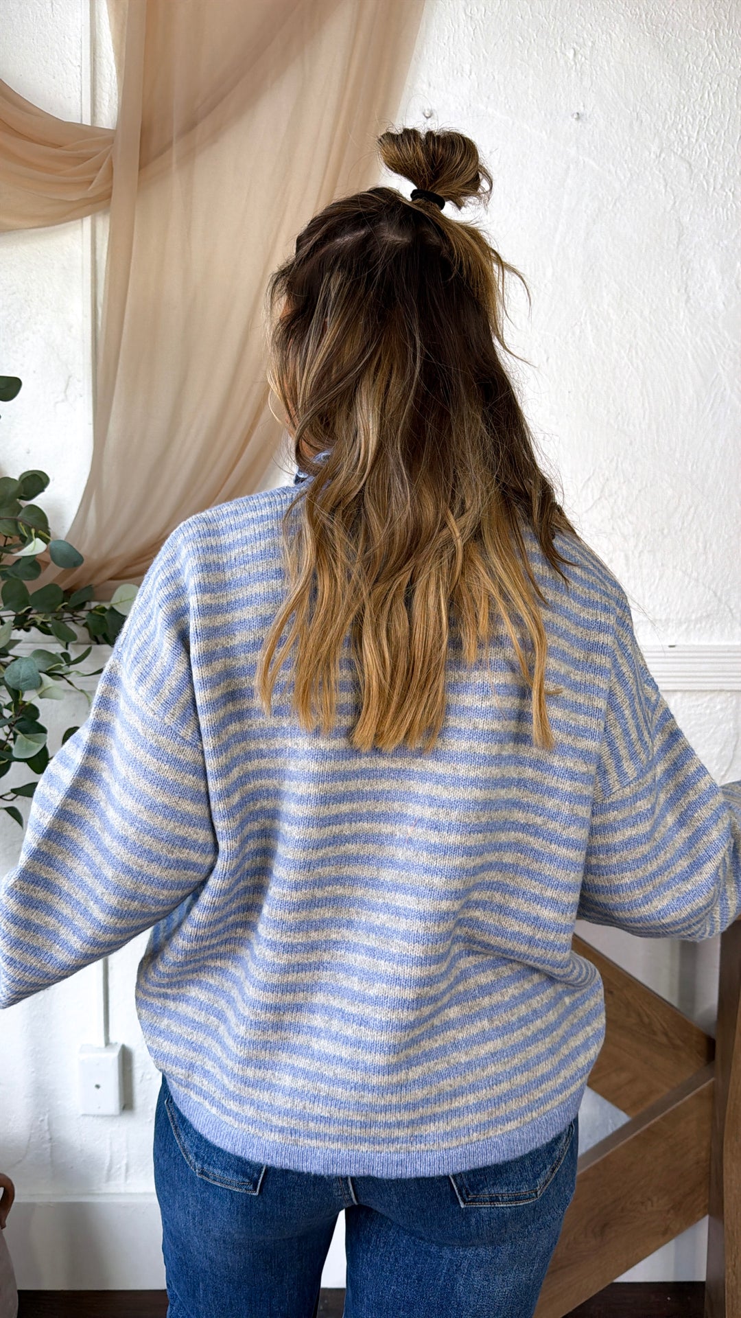 Stripe Button Up Cardigan, Blue/H.Grey