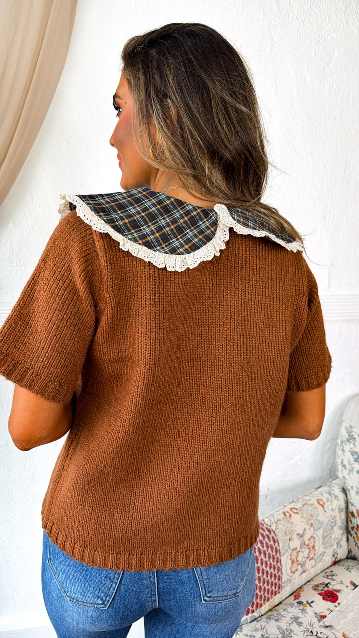 Twila Plaid Collar Top, Rust/Blue Plaid