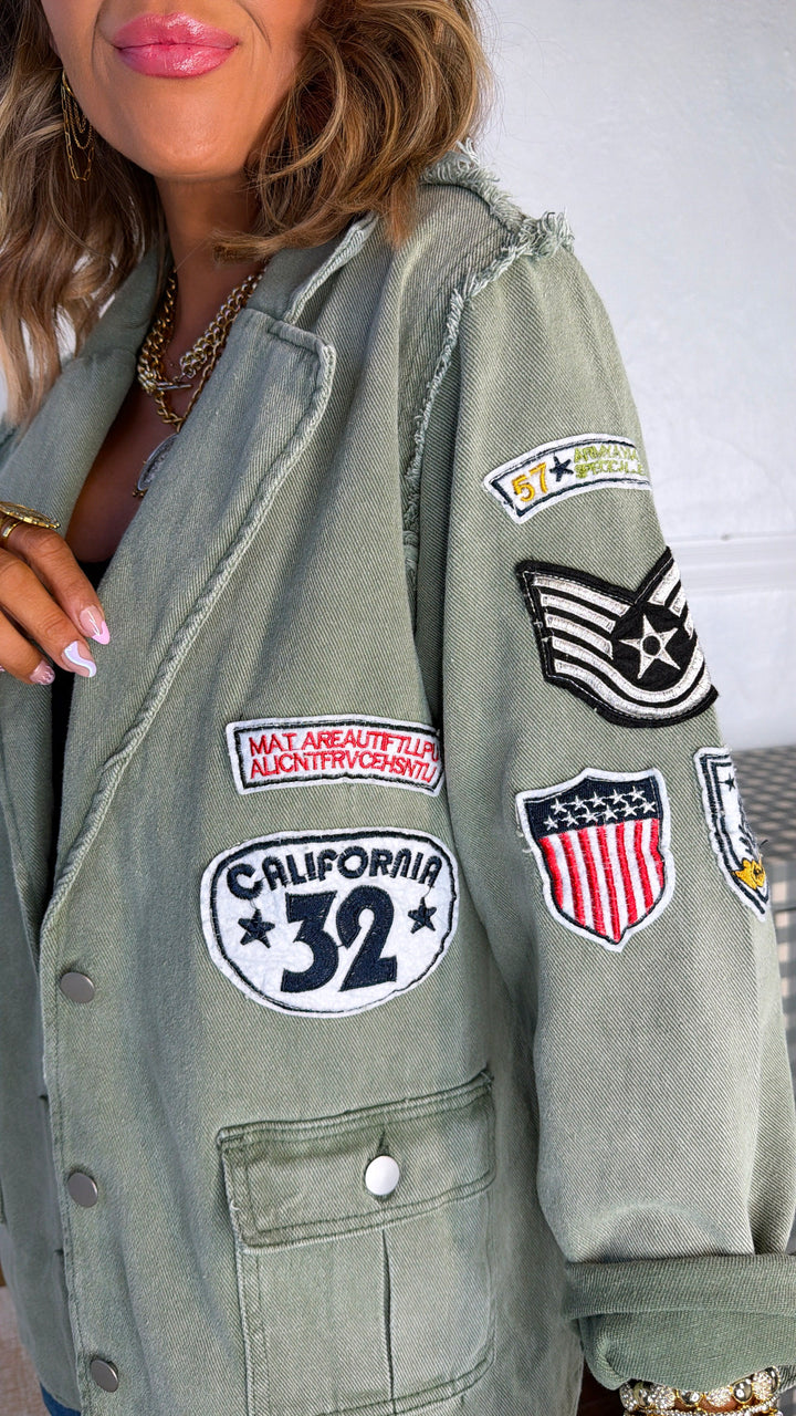 Vintage Patched Military Blazer, Powder Matcha