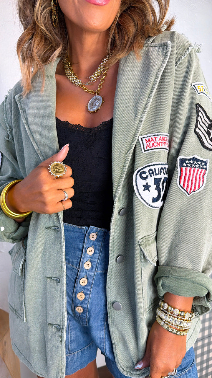 Vintage Patched Military Blazer, Powder Matcha