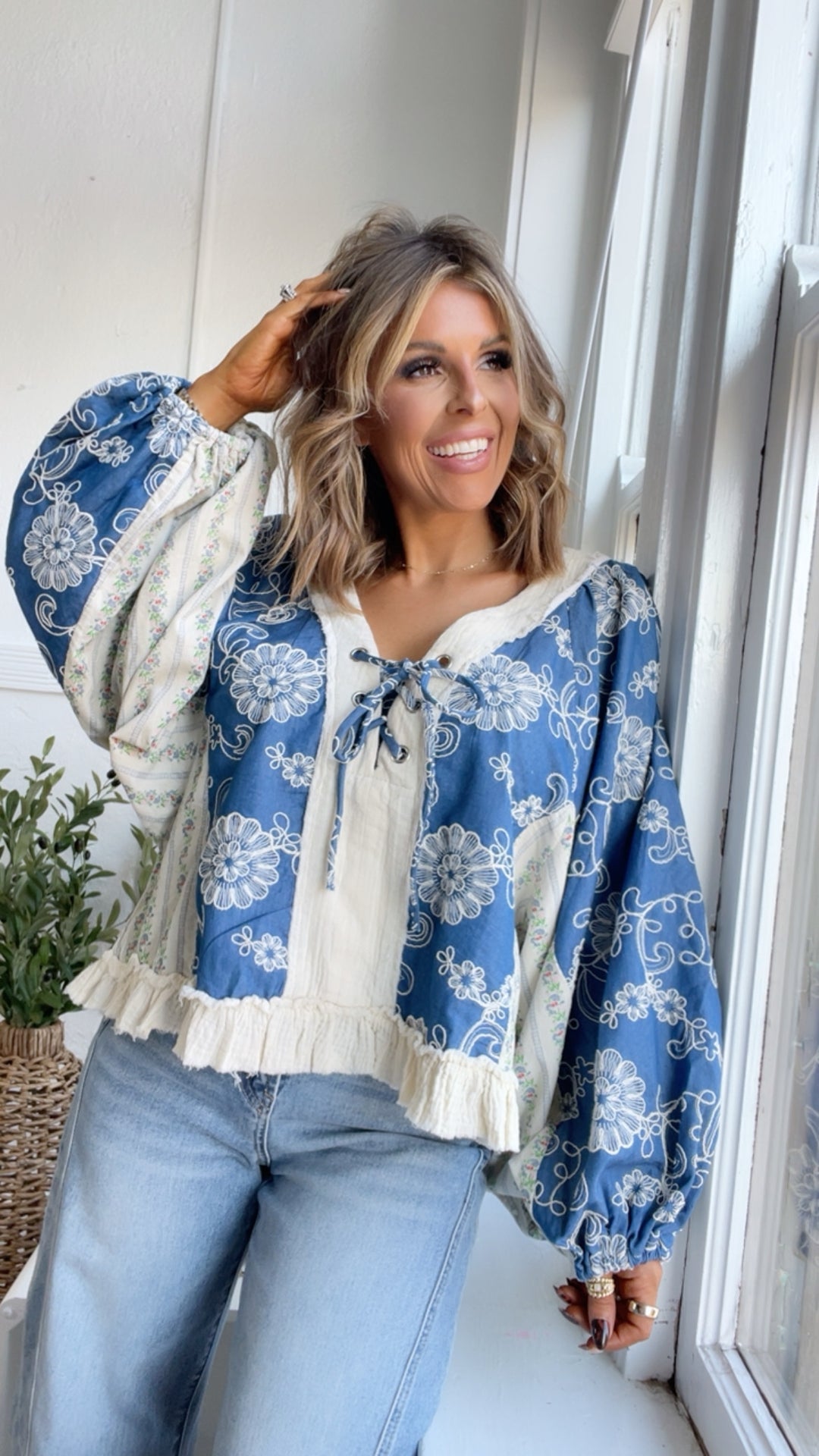 Petal Kiss Blouse, Denim Multi