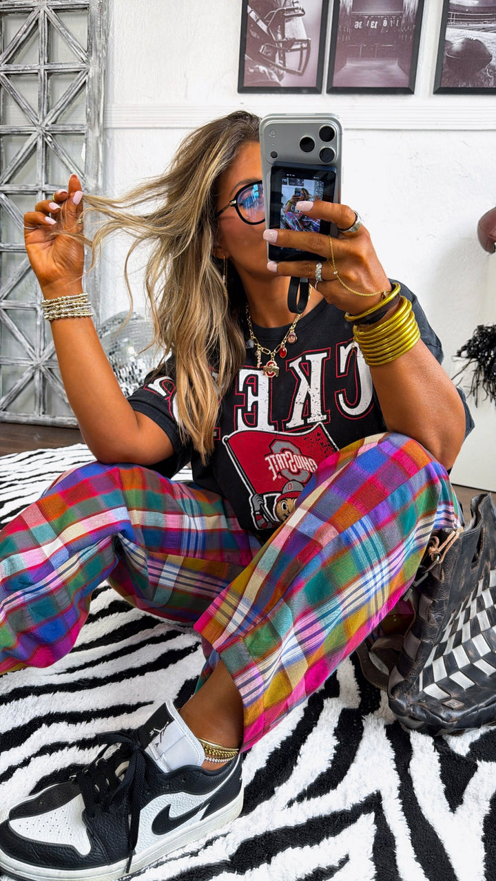 Plaid Relaxed Fit Pants, Pink/Navy Plaid