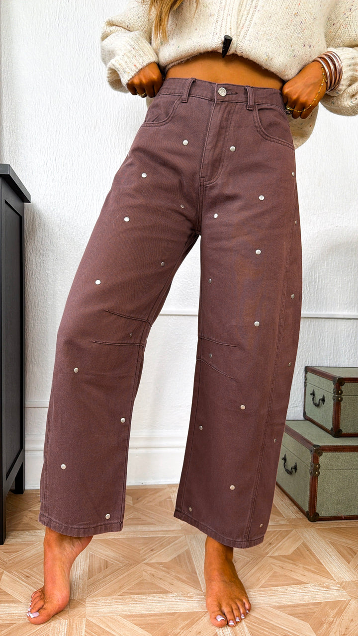 Studded Detail Barrel Pants, Brown