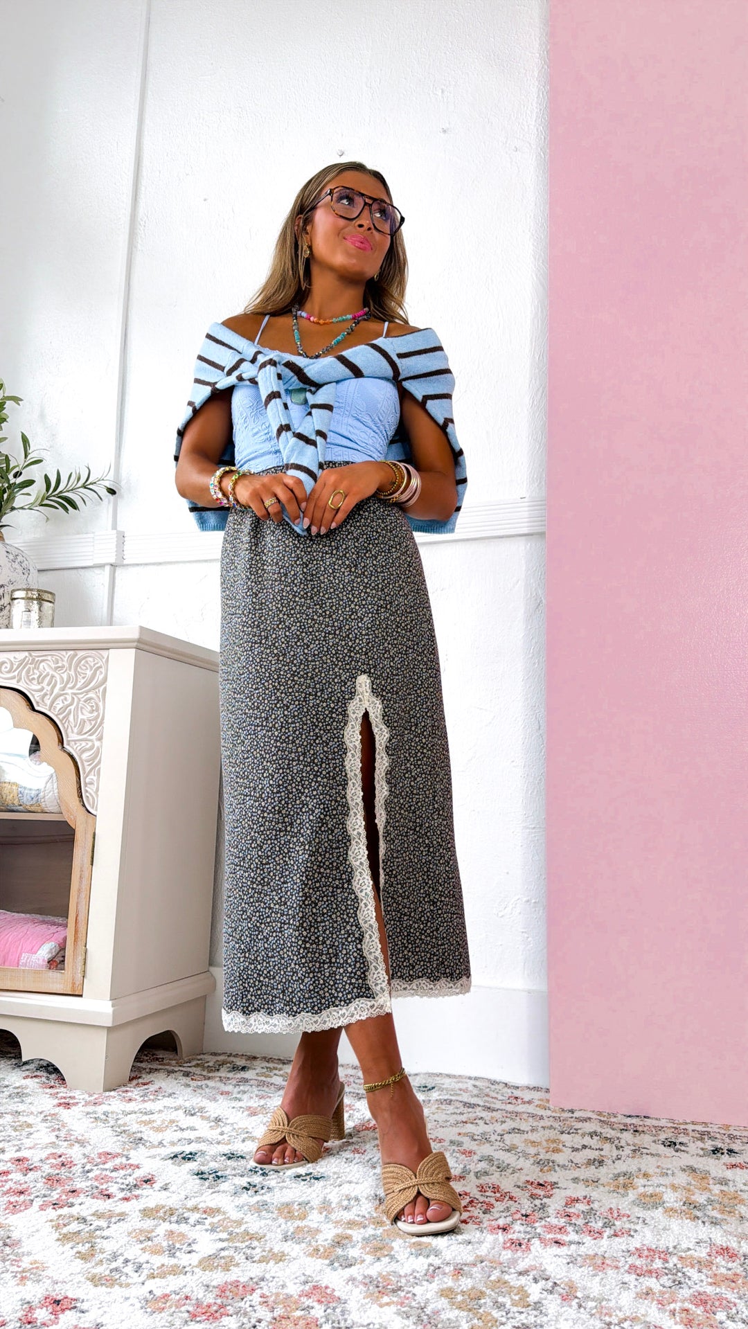 Poets Garden Midi Skirt, Espresso/Blue