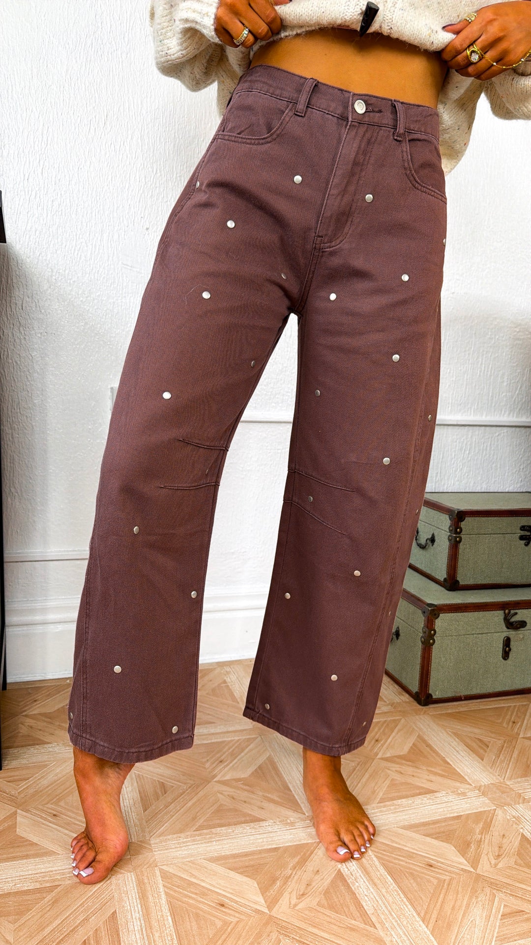Studded Detail Barrel Pants, Brown