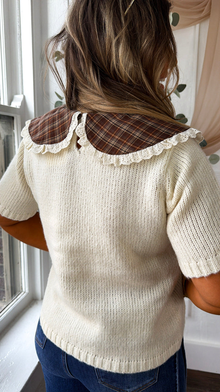 Twila Plaid Collar Top, Cream/ Choco/ Plaid