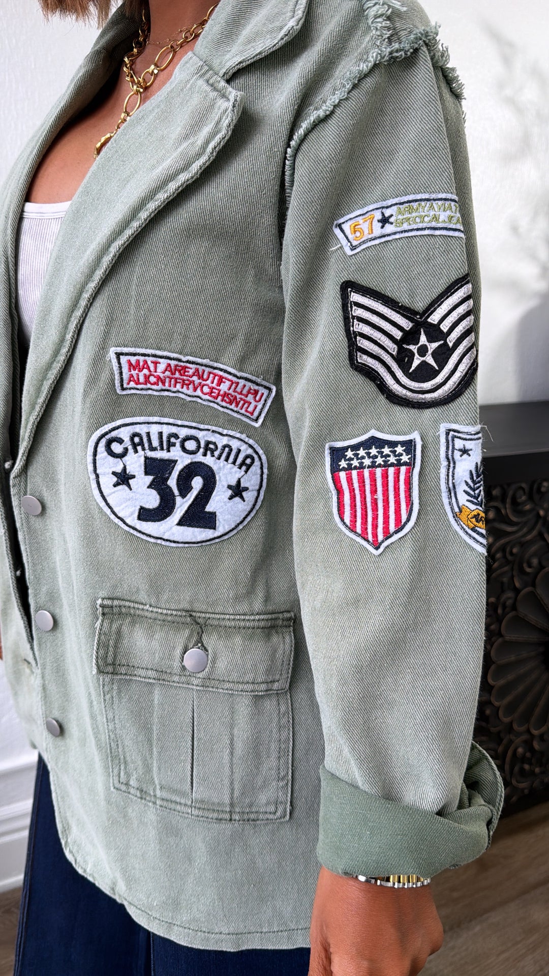 Vintage Patched Military Blazer, Powder Matcha