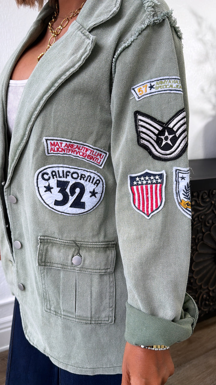 Vintage Patched Military Blazer, Powder Matcha