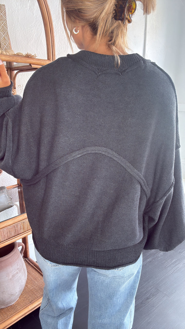 Elevated Basic Balloon Sleeve Sweater, Grey/Black
