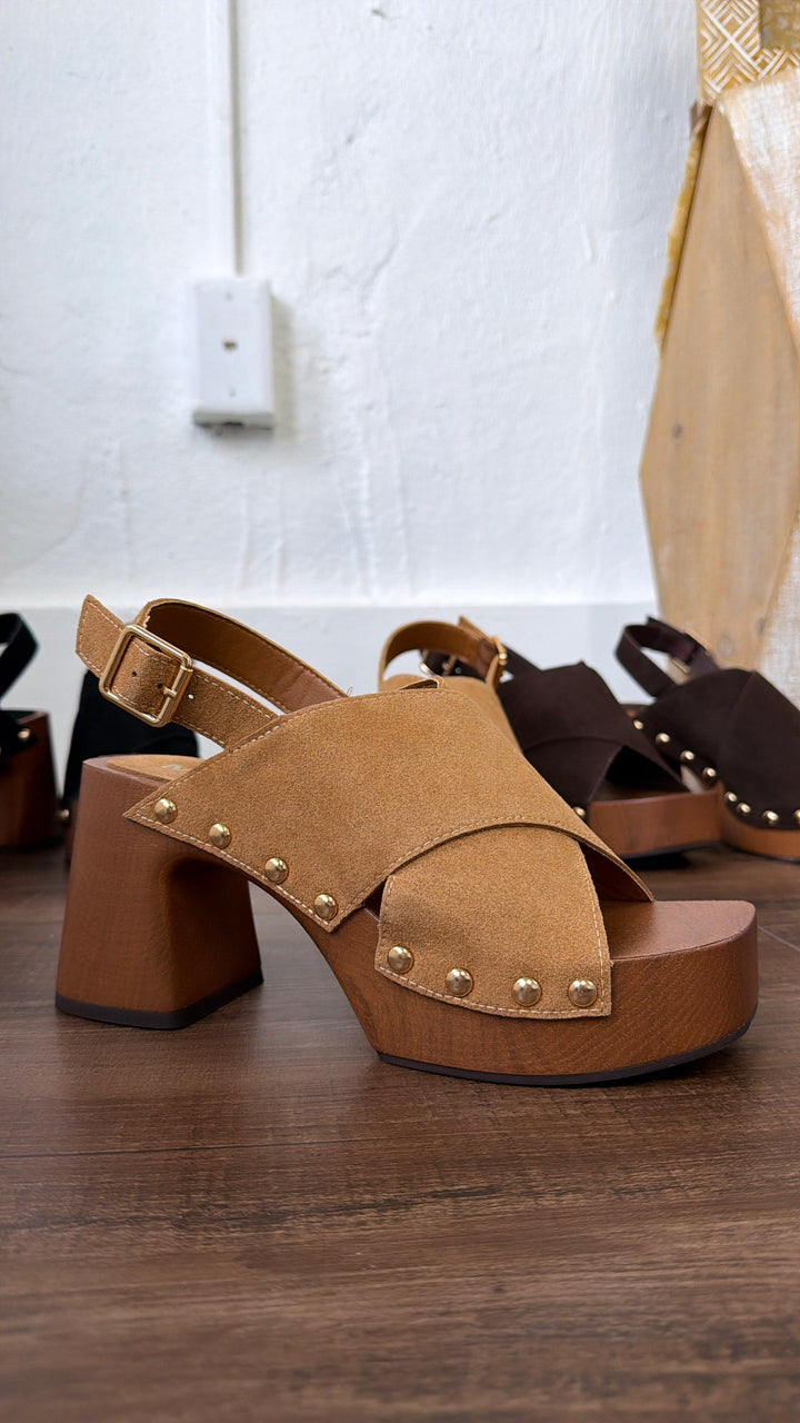 Suede Studded Heel, Cognac