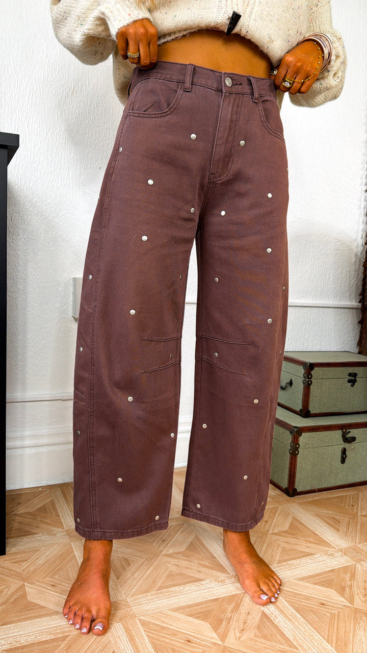 Studded Detail Barrel Pants, Brown