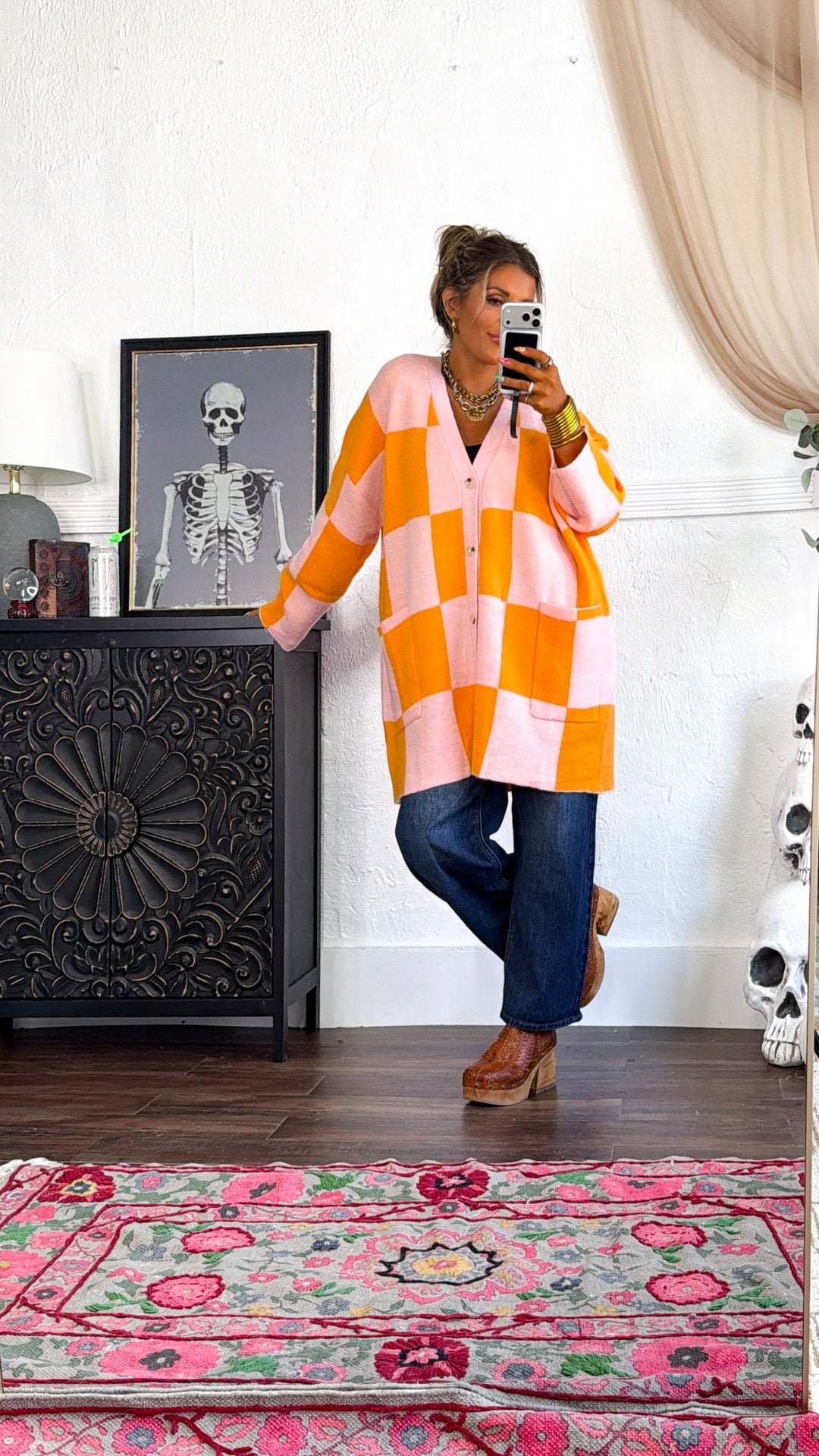 Square Checkered Long Cardigan, Pink/Orange
