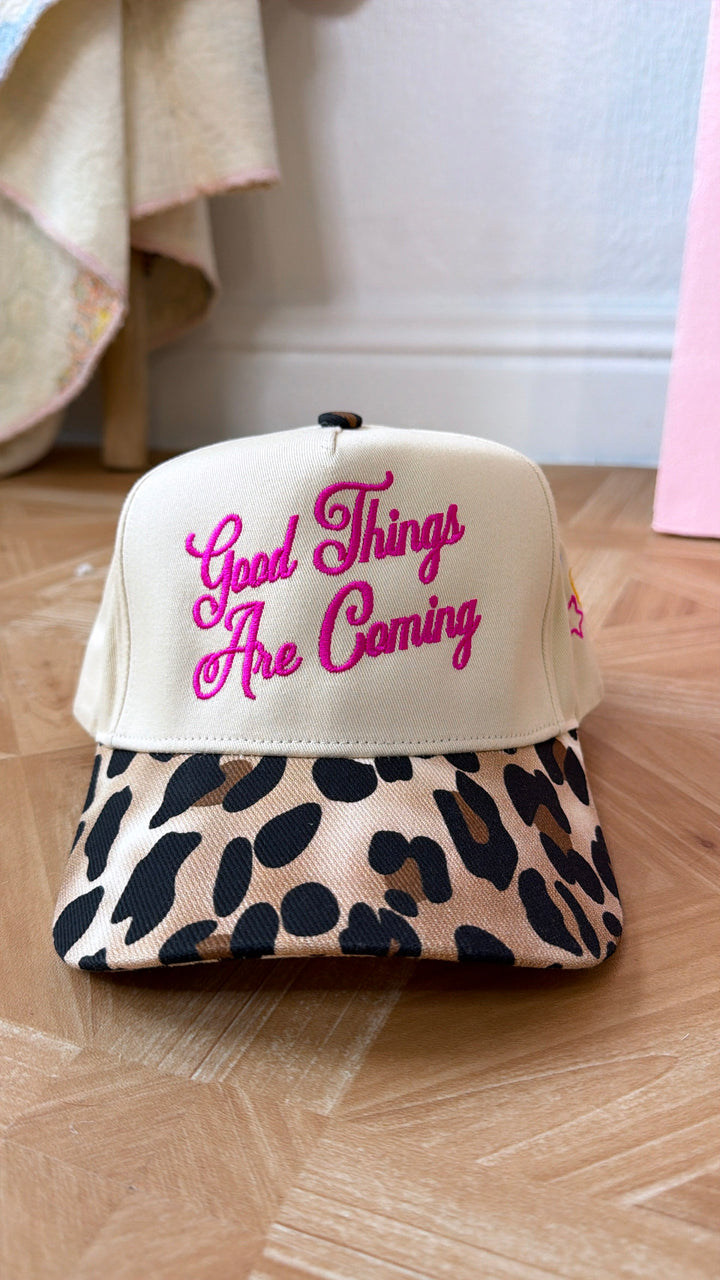 Good Things Are Coming Leopard Trucker Hat