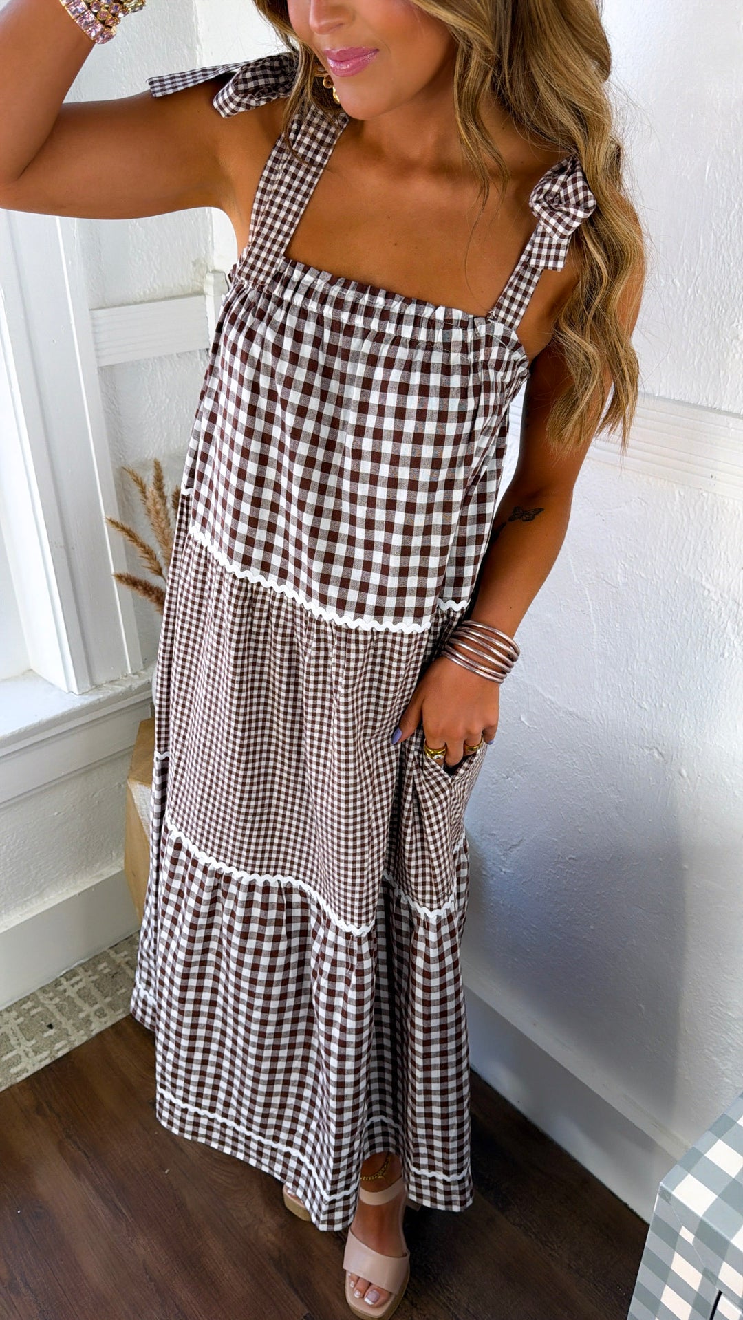 Vanilla Cold Brew Gingham Dress, Choco/ Cream