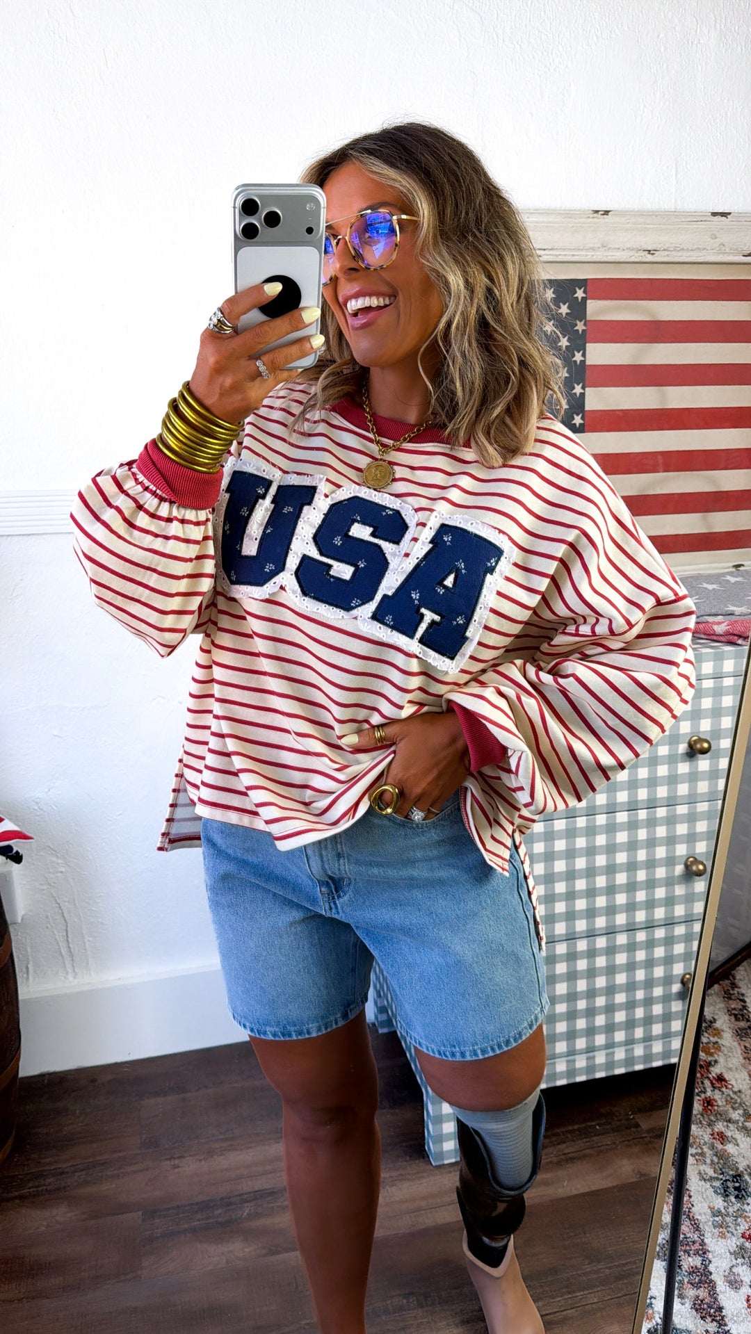 Striped USA Sweatshirt, Red/Cream