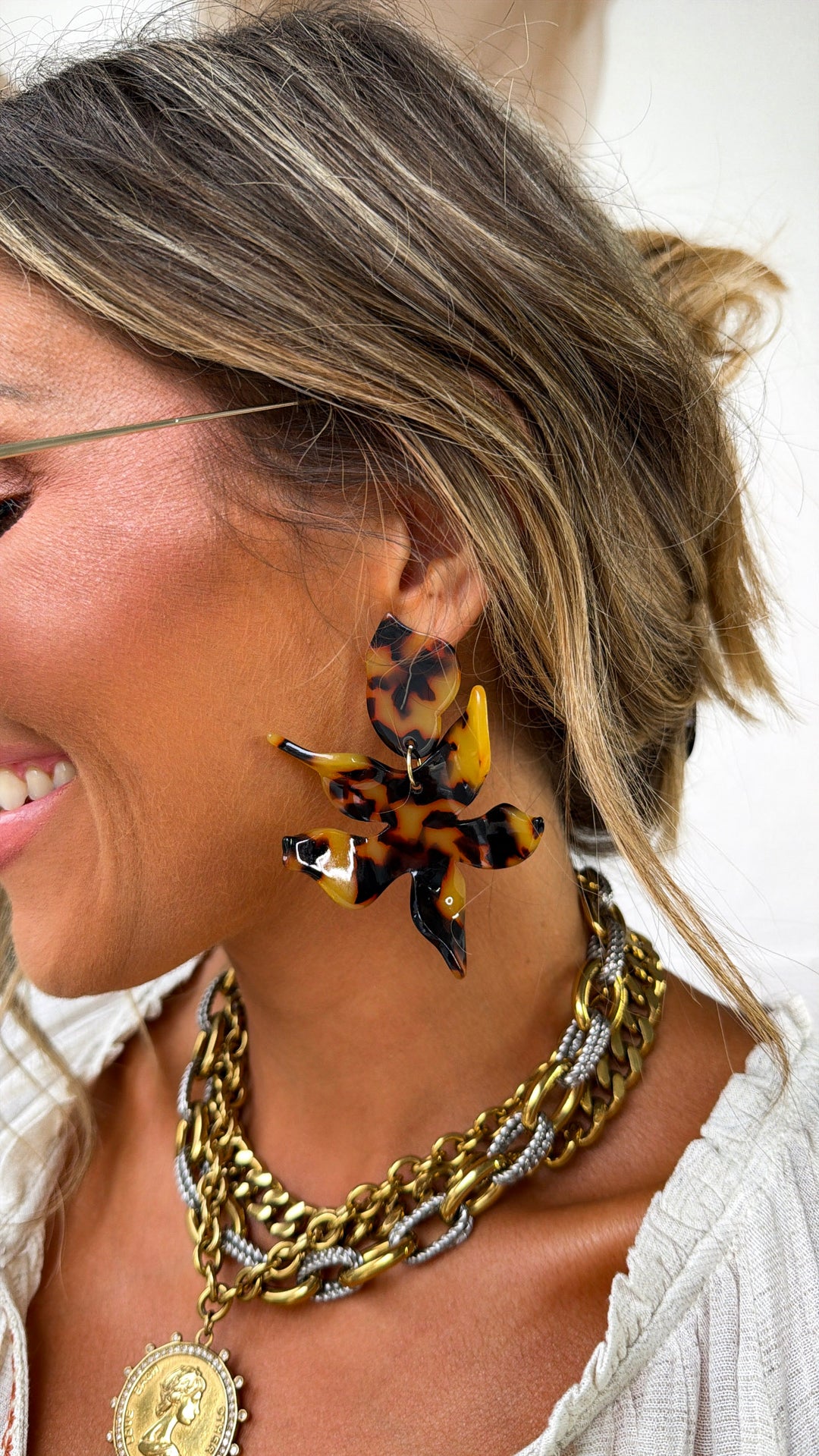 Linny Co. Flora Statement Earring, Brown Tortoise