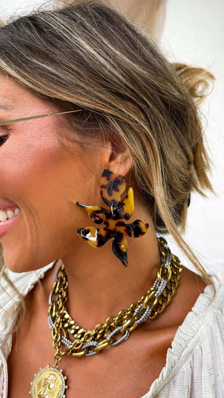 Linny Co. Flora Statement Earring, Brown Tortoise