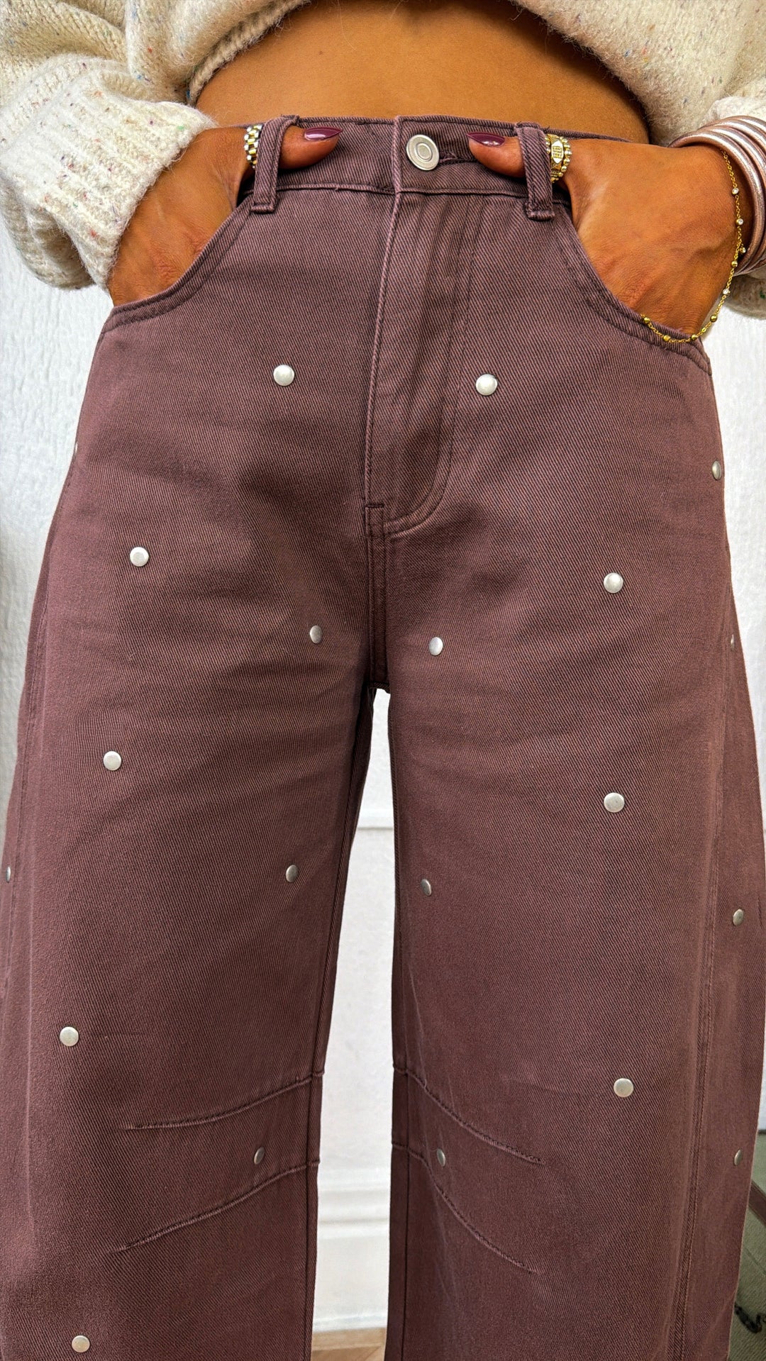 Studded Detail Barrel Pants, Brown